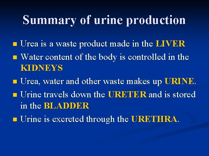 Summary of urine production Urea is a waste product made in the LIVER n