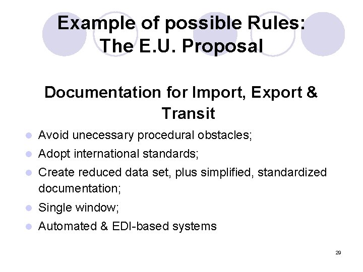 Example of possible Rules: The E. U. Proposal Documentation for Import, Export & Transit