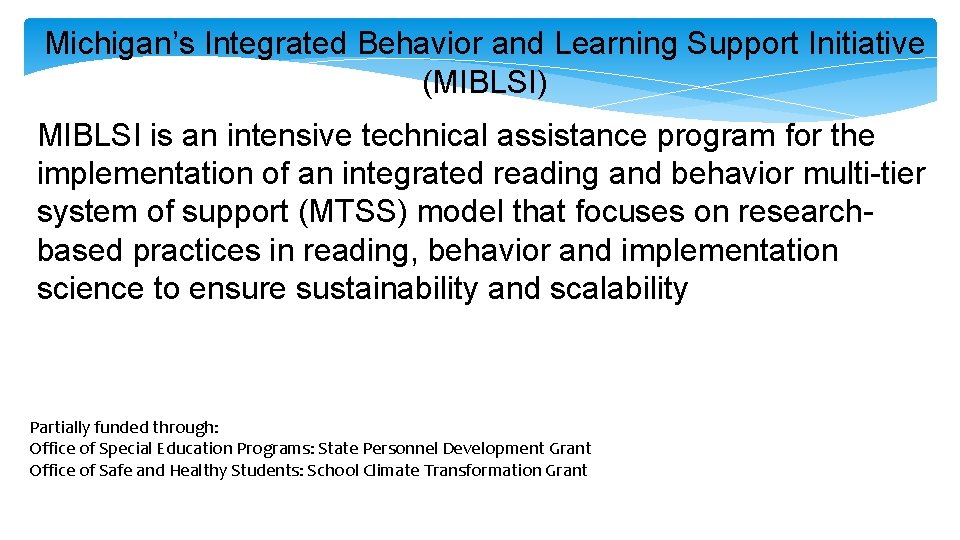 Michigan’s Integrated Behavior and Learning Support Initiative (MIBLSI) MIBLSI is an intensive technical assistance