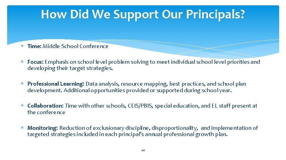 How Did We Support Our Principals? Time: Middle School Conference Focus: Emphasis on school