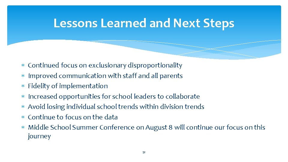 Lessons Learned and Next Steps Continued focus on exclusionary disproportionality Improved communication with staff