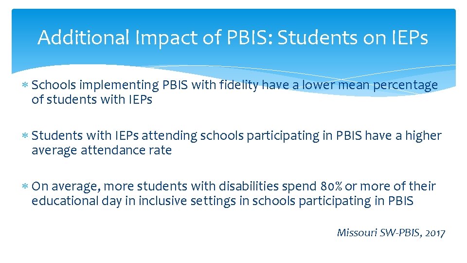 Additional Impact of PBIS: Students on IEPs Schools implementing PBIS with fidelity have a