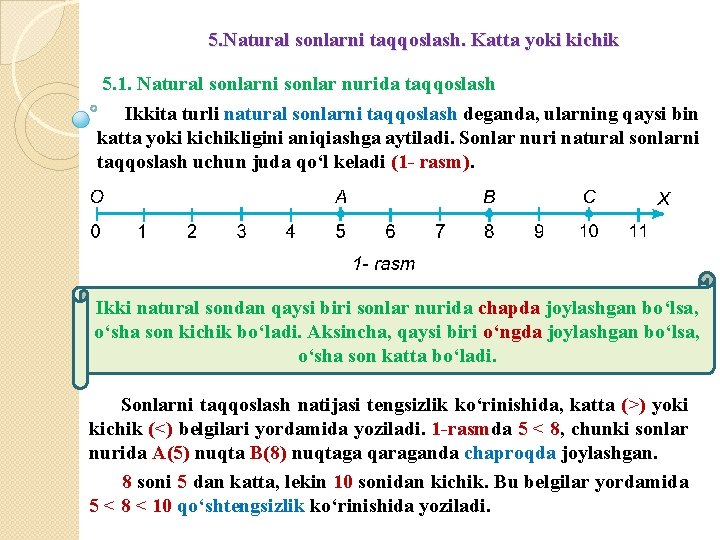 5. Natural sonlarni taqqoslash. Katta yoki kichik 5. 1. Natural sonlarni sonlar nurida taqqoslash