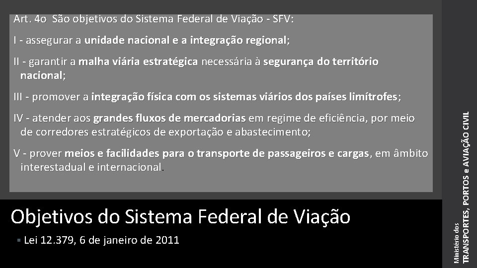 Art. 4 o São objetivos do Sistema Federal de Viação - SFV: I -