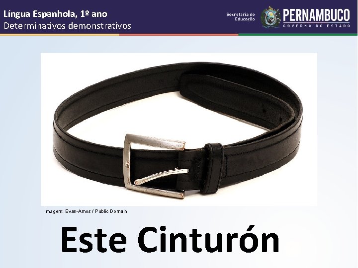 Língua Espanhola, 1º ano Determinativos demonstrativos Imagem: Evan-Amos / Public Domain Este Cinturón 