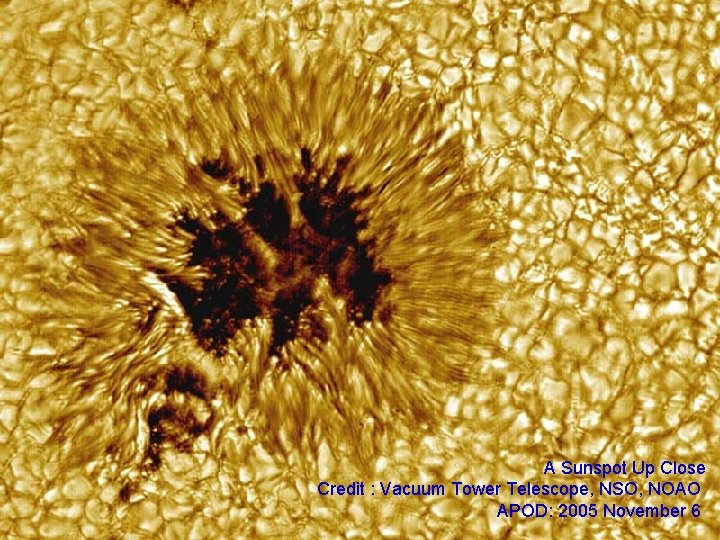 A Sunspot Up Close Credit : Vacuum Tower Telescope, NSO, NOAO APOD: 2005 November