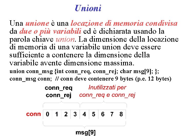 Unioni Una unione è una locazione di memoria condivisa da due o più variabili Unioni Una unione è una locazione di memoria condivisa da due o più variabili