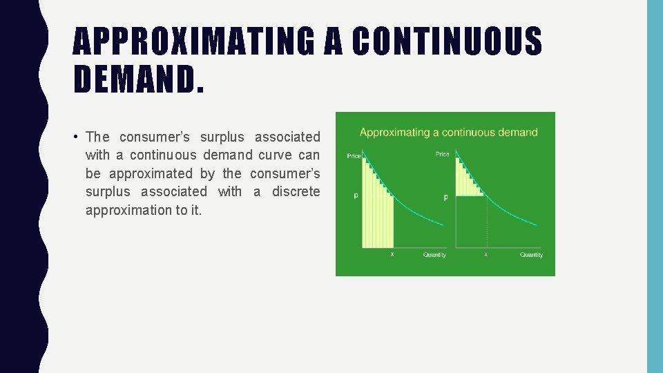 APPROXIMATING A CONTINUOUS DEMAND. • The consumer’s surplus associated with a continuous demand curve