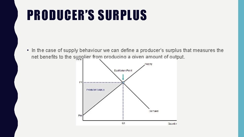 PRODUCER’S SURPLUS • In the case of supply behaviour we can deﬁne a producer’s