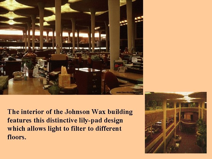 The interior of the Johnson Wax building features this distinctive lily-pad design which allows