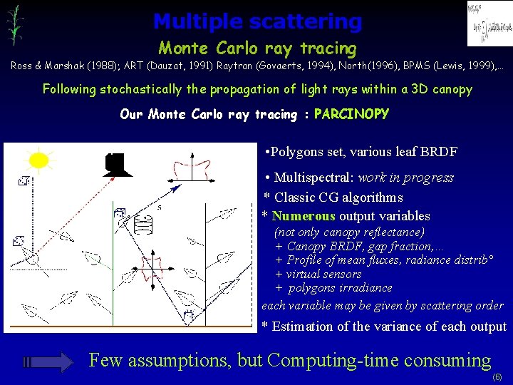 Multiple scattering Monte Carlo ray tracing Ross & Marshak (1988); ART (Dauzat, 1991) Raytran