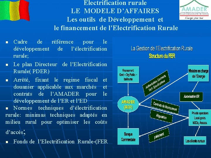 Electrification rurale LE MODELE D’AFFAIRES Les outils de Développement et le financement de l’Electrification