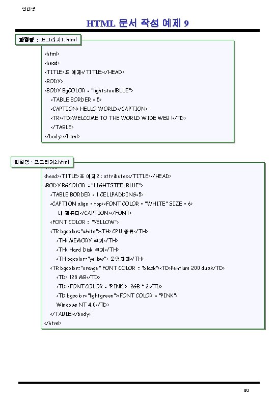 인터넷 HTML 문서 작성 예제 9 파일명 : 표그리기 1. html <html> <head> <TITLE>표