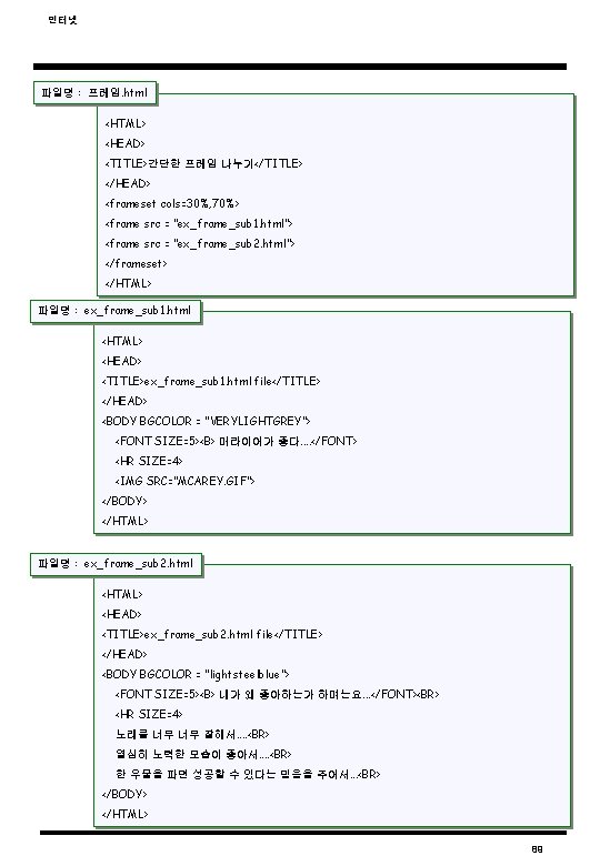 인터넷 파일명 : 프레임. html <HTML> <HEAD> <TITLE>간단한 프레임 나누기</TITLE> </HEAD> <frameset cols=30%, 70%>