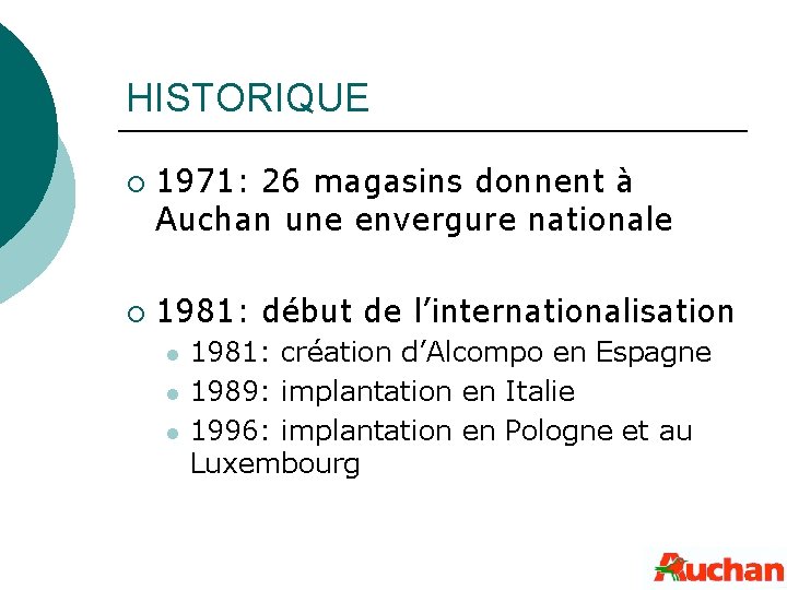 HISTORIQUE ¡ ¡ 1971: 26 magasins donnent à Auchan une envergure nationale 1981: début