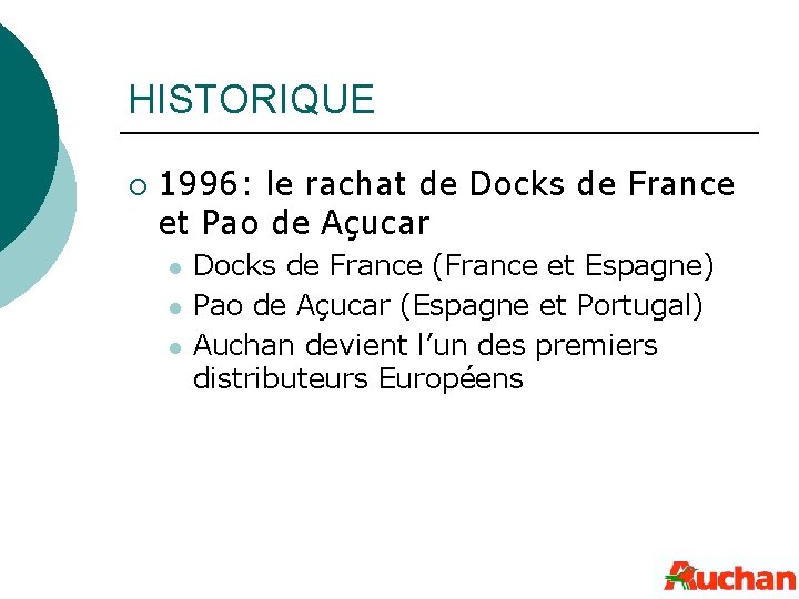 HISTORIQUE ¡ 1996: le rachat de Docks de France et Pao de Açucar l