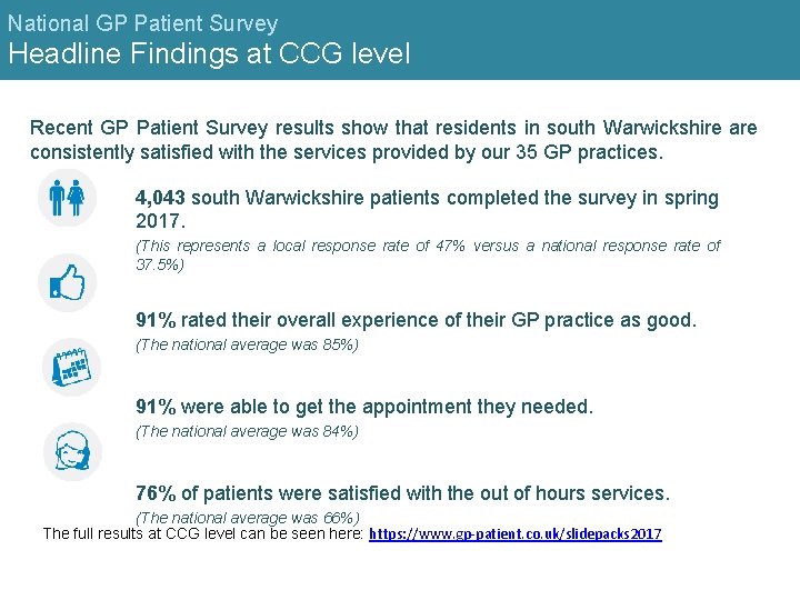 National GP Patient Survey Headline Findings at CCG level Recent GP Patient Survey results