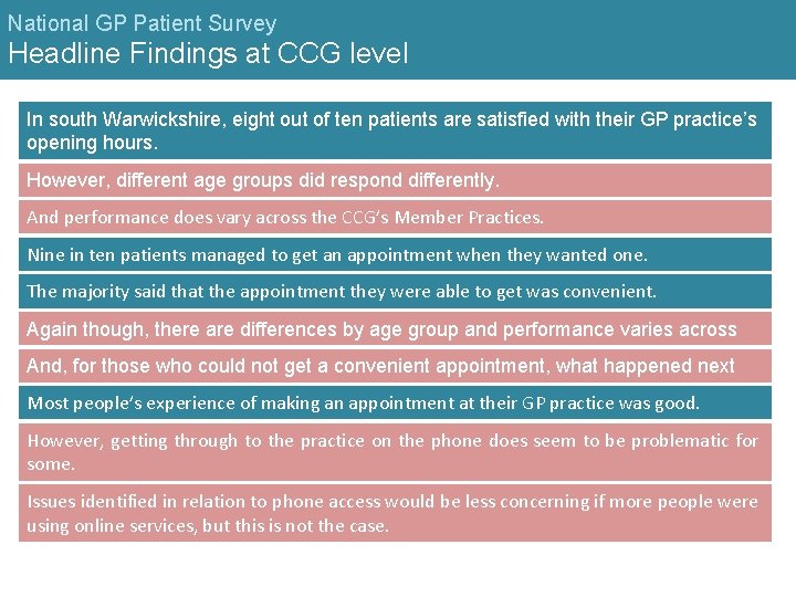 National GP Patient Survey Headline Findings at CCG level In south Warwickshire, eight out