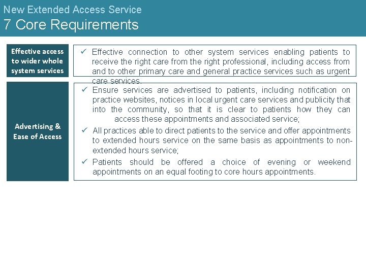 New Extended Access Service 7 Core Requirements Effective access to wider whole system services