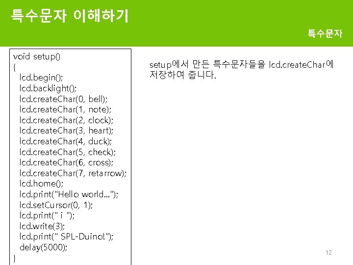 특수문자 이해하기 특수문자 void setup() { lcd. begin(); lcd. backlight(); lcd. create. Char(0, bell);