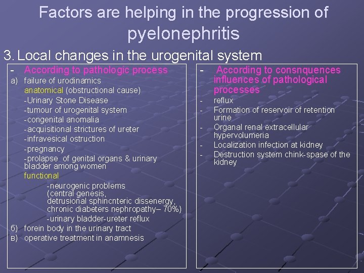 Factors are helping in the progression of pyelonephritis 3. Local changes in the urogenital
