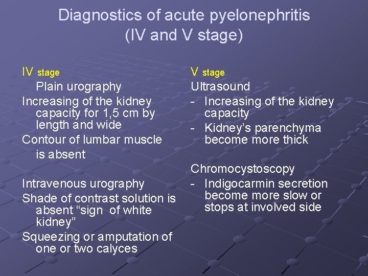 Diagnostics of acute pyelonephritis (IV and V stage) IV stage Plain urography Increasing of