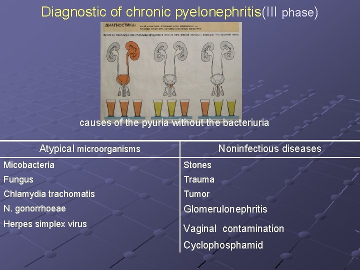 Diagnostic of chronic pyelonephritis(III phase) causes of the pyuria without the bacteriuria Atypical microorganisms