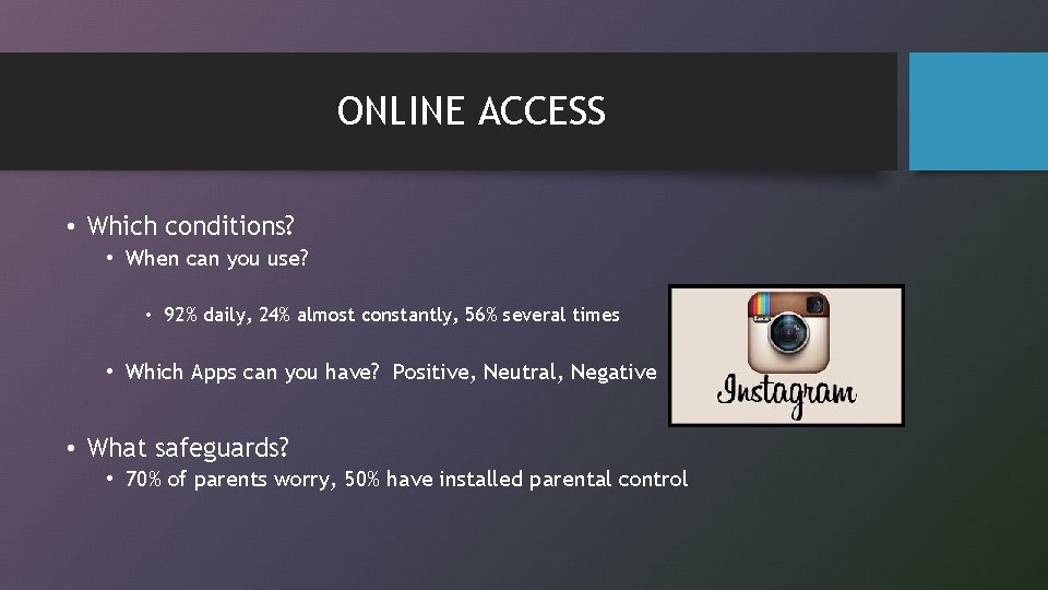 ONLINE ACCESS • Which conditions? • When can you use? • 92% daily, 24%