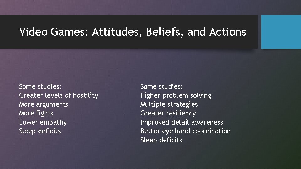 Video Games: Attitudes, Beliefs, and Actions Some studies: Greater levels of hostility More arguments