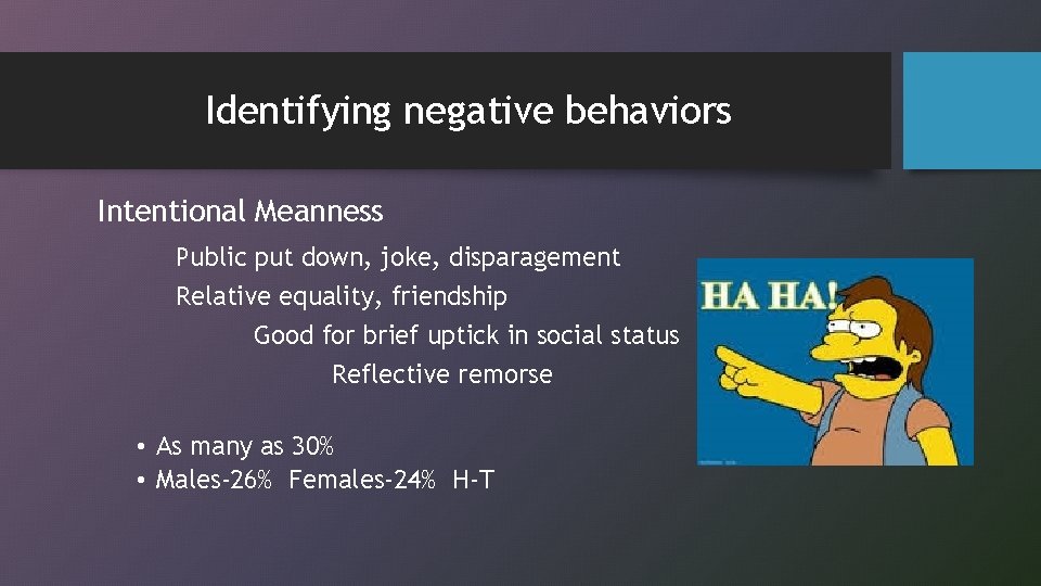 Identifying negative behaviors Intentional Meanness Public put down, joke, disparagement Relative equality, friendship Good