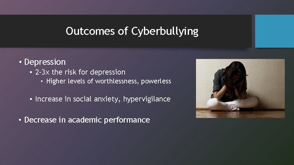 Outcomes of Cyberbullying • Depression • 2 -3 x the risk for depression •