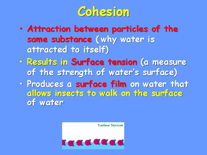 Cohesion • Attraction between particles of the same substance ( why water is attracted