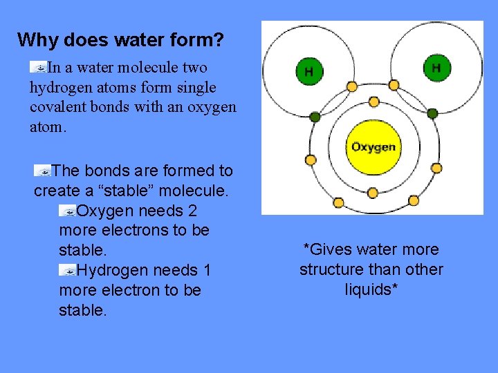 Why does water form? In a water molecule two hydrogen atoms form single covalent