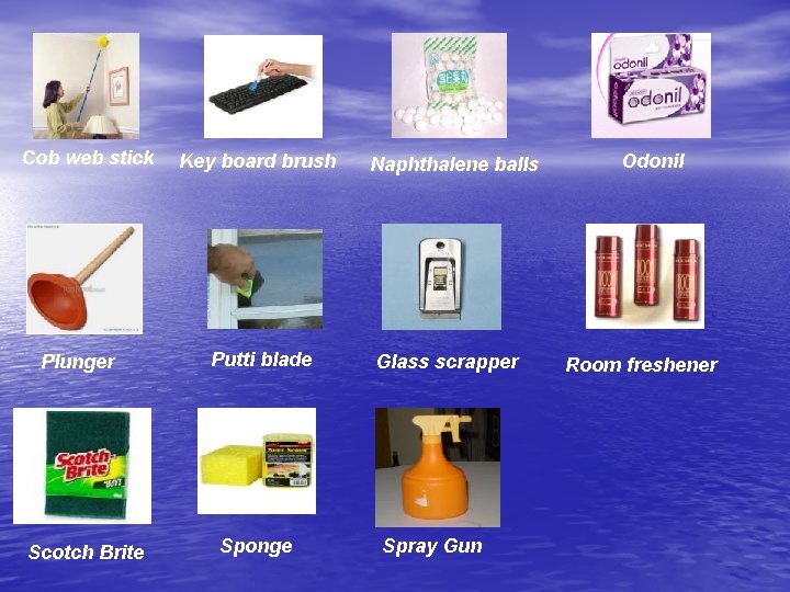 Cob web stick Plunger Scotch Brite Key board brush Putti blade Sponge Naphthalene balls