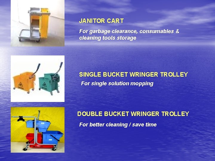JANITOR CART For garbage clearance, consumables & cleaning tools storage SINGLE BUCKET WRINGER TROLLEY