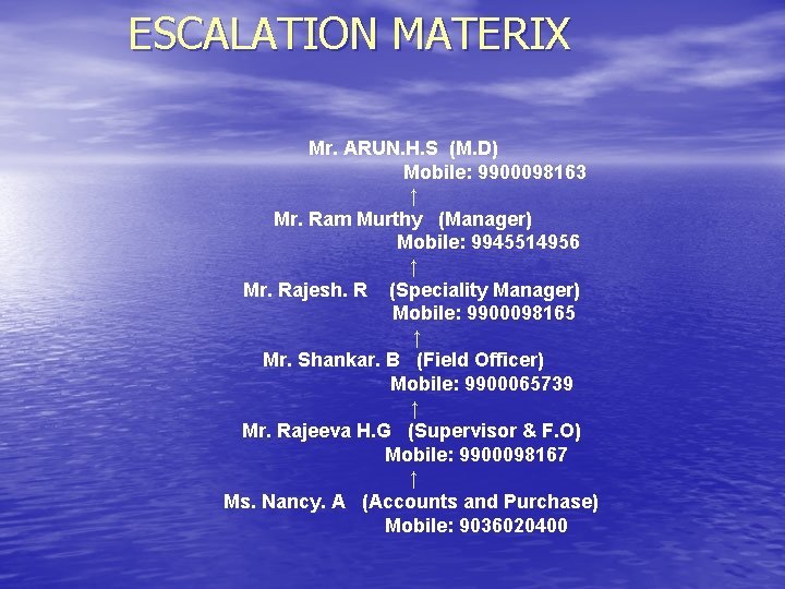 ESCALATION MATERIX Mr. ARUN. H. S (M. D) Mobile: 9900098163 ↑ Mr. Ram Murthy