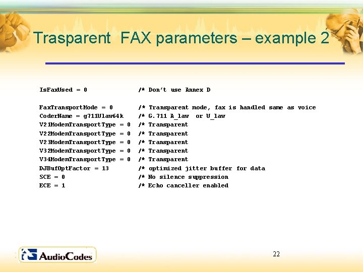 Trasparent FAX parameters – example 2 Is. Fax. Used = 0 /* Don’t use