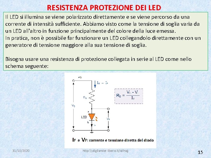 RESISTENZA PROTEZIONE DEI LED Il LED si illumina se viene polarizzato direttamente e se