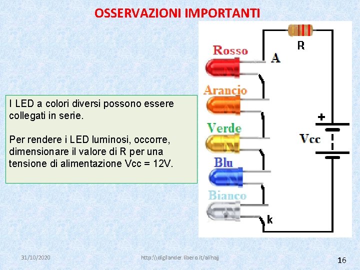 OSSERVAZIONI IMPORTANTI I LED a colori diversi possono essere collegati in serie. Per rendere