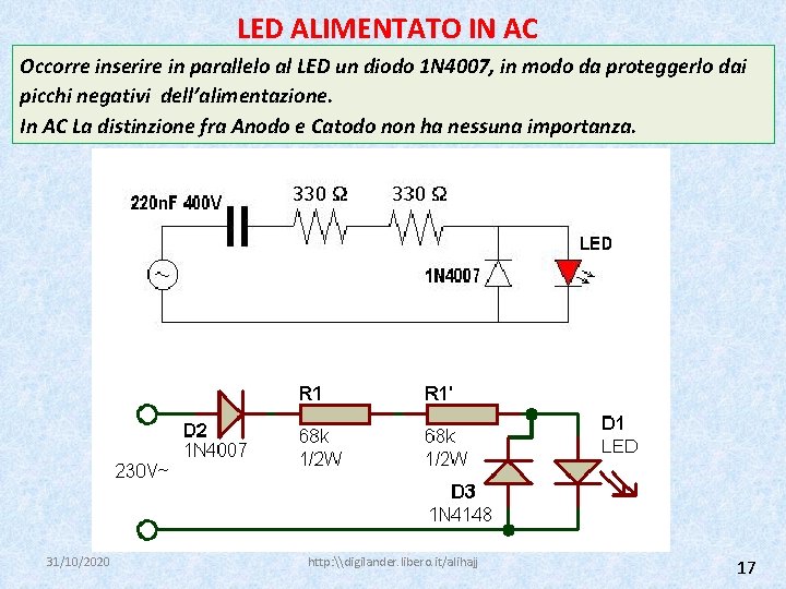 LED ALIMENTATO IN AC Occorre inserire in parallelo al LED un diodo 1 N
