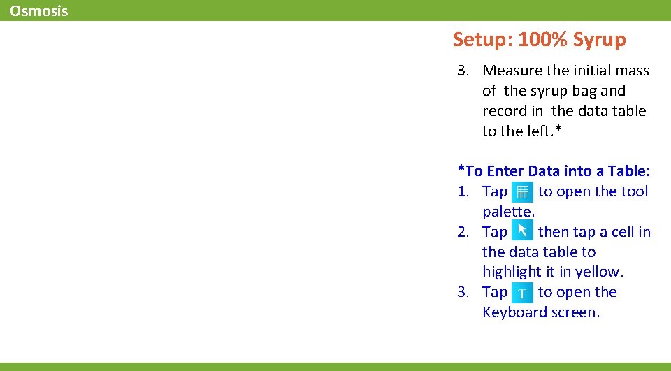 Osmosis Setup: 100% Syrup 3. Measure the initial mass of the syrup bag and