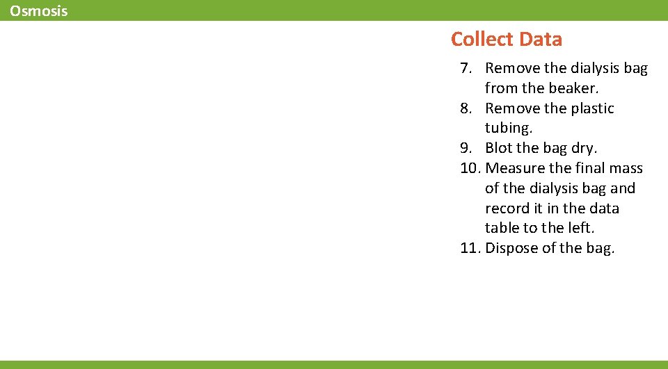 Osmosis Collect Data 7. Remove the dialysis bag from the beaker. 8. Remove the