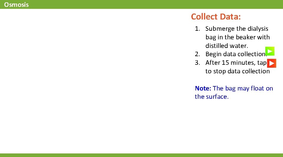 Osmosis Collect Data: 1. Submerge the dialysis bag in the beaker with distilled water.