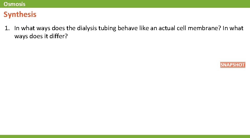 Osmosis Synthesis 1. In what ways does the dialysis tubing behave like an actual