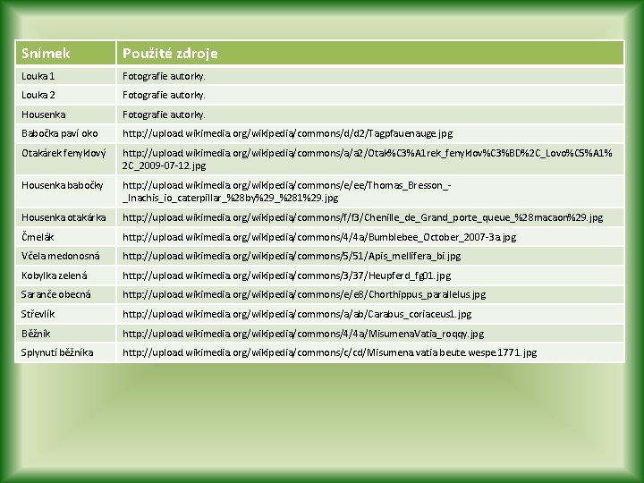 Snímek Použité zdroje Louka 1 Fotografie autorky. Louka 2 Fotografie autorky. Housenka Fotografie autorky.