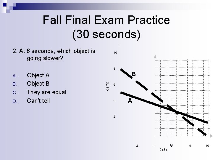 Fall Final Exam Practice (30 seconds) 2. At 6 seconds, which object is going