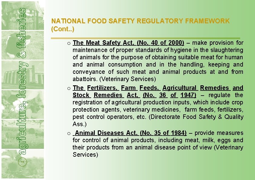NATIONAL FOOD SAFETY REGULATORY FRAMEWORK (Cont. . ) o The Meat Safety Act, (No. NATIONAL FOOD SAFETY REGULATORY FRAMEWORK (Cont. . ) o The Meat Safety Act, (No.