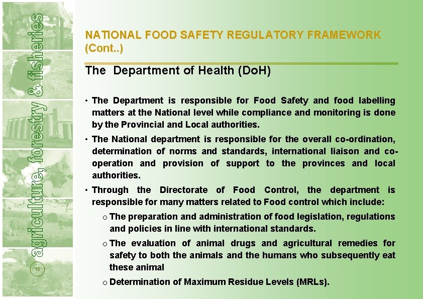 NATIONAL FOOD SAFETY REGULATORY FRAMEWORK (Cont. . ) The Department of Health (Do. H) NATIONAL FOOD SAFETY REGULATORY FRAMEWORK (Cont. . ) The Department of Health (Do. H)