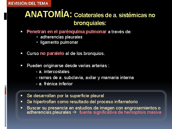 REVISIÓN DEL TEMA ANATOMÍA: Colaterales de a. sistémicas no bronquiales: Penetran en el parénquima