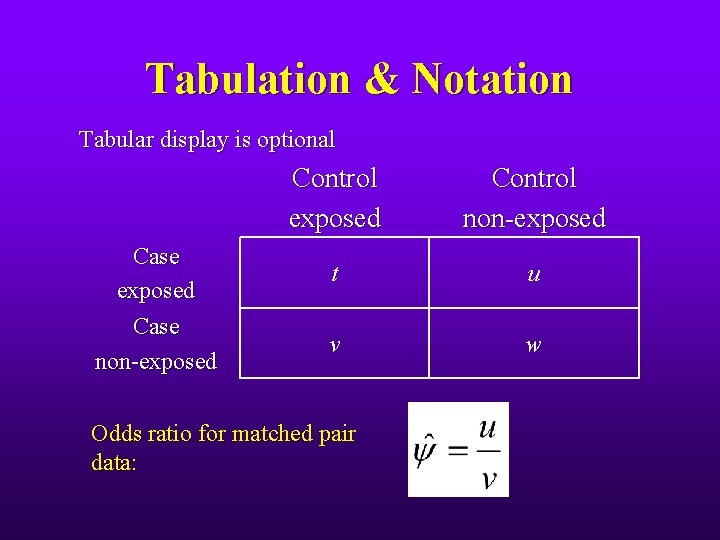 Tabulation & Notation Tabular display is optional Case exposed Case non-exposed Control non-exposed t